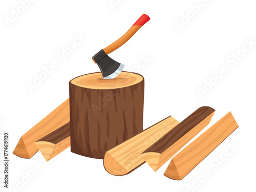 Axe and firewood, wooden lumber heap, cutting hardwood tool