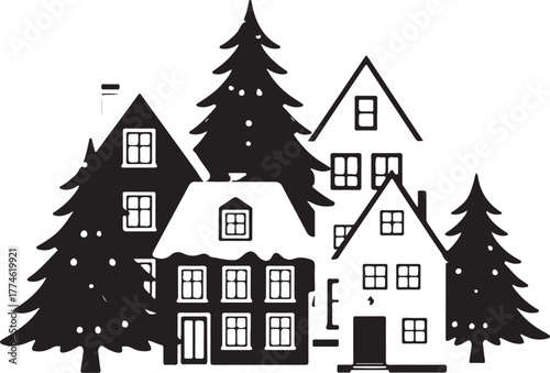 Vector silhouette of a charming village scene with traditional houses and tall pine trees creating a cozy illustration