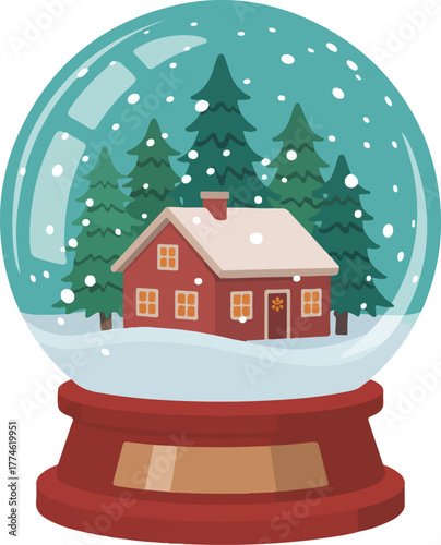 Winter snow globe vector illustration featuring a cozy red house surrounded by pine trees and falling snowflakes
