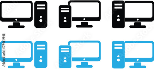 Vector illustration of a computer desktop icon set featuring CPU towers and monitors in black and blue color variations.