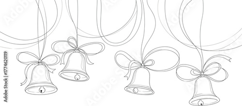 Elegant christmas bells with ribbons hanging on white background