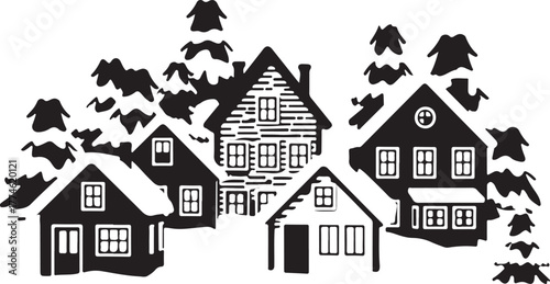 Rural village houses vector silhouette with pine trees in a quaint neighborhood design element