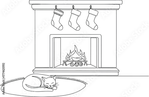 Cozy cat sleeps near fireplace with christmas stockings