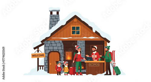 Winter Holiday Hotel Reception Family Check-in for Ski Trip Vacation