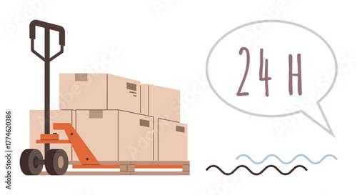 Pallet truck loaded with stacked boxes beside a speech bubble displaying 24 H. Ideal for logistics, e-commerce, shipping, warehouse management, delivery, packaging, time efficiency. Simple flat