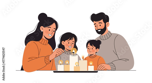 Family lighting candles together during a special occasion, celebrating a moment of togetherness and joy