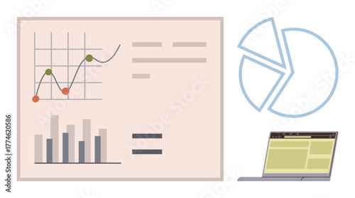 Analytic data , pie chart with data labels, and browser screen with interface layouts. Ideal for analytics, AI, data sharing, visualization, technology, research and connectivity