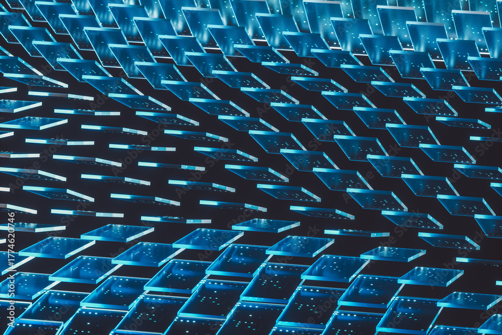 Fototapeta premium Futuristic digital technology background with crystal glass panels on dark background. 3d rendering