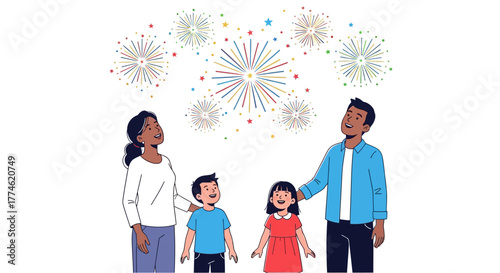 Family celebrating with fireworks display looking up at colorful explosions in the night sky, a festive moment