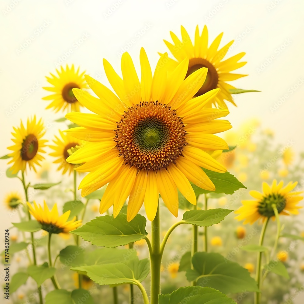 Obraz premium Bright Yellow Sunflower with Green Leaves in Field of Sunflowers Under Clear Sky