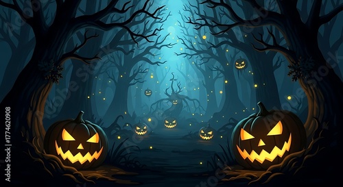Enchanting halloween scene glowing pumpkins in a mysterious forest
