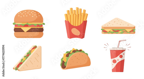 Flat lay of various fast food items including burgers, fries, sandwiches, tacos, and a soda on a clean white background.