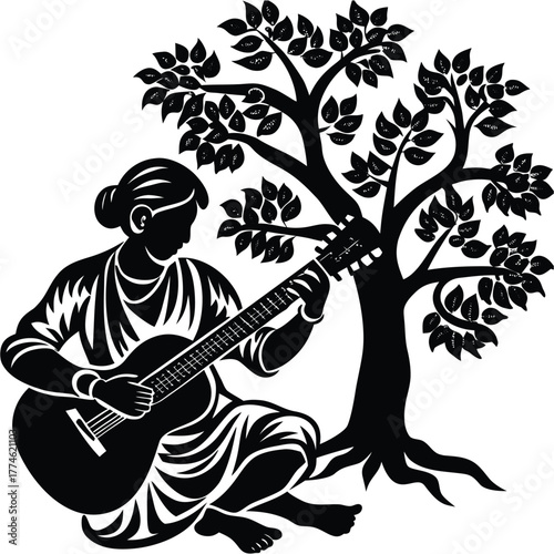 Woman Playing Guitar Silhouette Under Tree Black and White Design on White Background