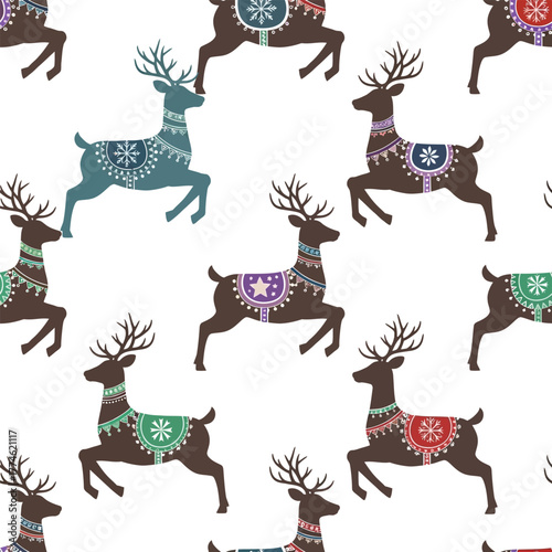 A seamless repeating pattern of colorful, folk-art style Christmas reindeer prancing on a white background.
