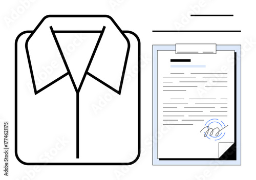 Collared shirt alongside clipboard with a signed document symbolizing professionalism, contracts, and agreement. Ideal for employment, business, paperwork, professionalism, commitment, attire simple