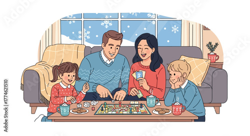 Family playing a board game indoors on a winter day