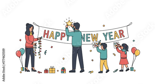 Happy New Year celebration illustration featuring a family decorating with a banner and lights