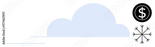 Cloud in soft tones with black dollar sign and snowflake. Ideal for cloud services, finance, technology, weather, economy, data storage, minimal design. A simple flat metaphor
