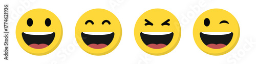 Laugh, happy face emoji icon set in flat design. Laughing facial emoticon concept