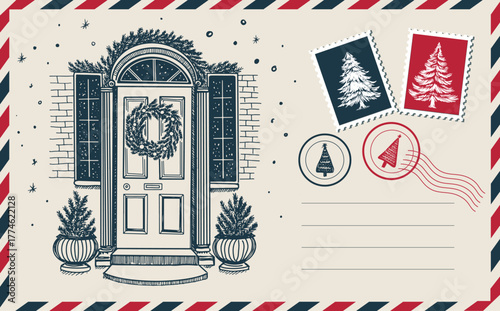 Christmas postcard with decoration door.
