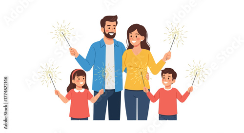 Happy young family with two children holding burning sparklers, celebrating a festive holiday together with joy. Vector character illustration