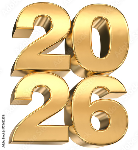 Shiny golden 3D numbers representing the year 2026, isolated for elegant New Year greeting cards and banners.