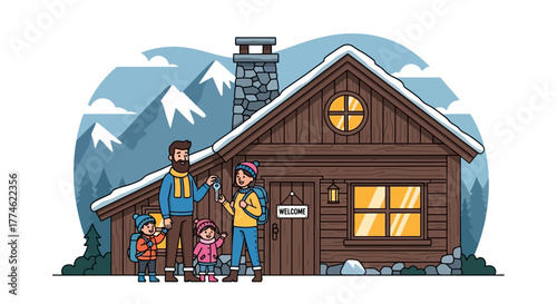 Family buying a cozy cabin in the mountains New home ownership