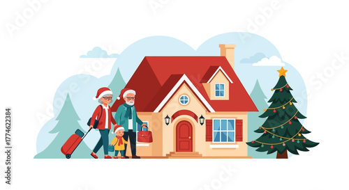 Joyful family reunion during the festive season as grandparents and child arrive for Christmas holiday celebrations at a decorated home