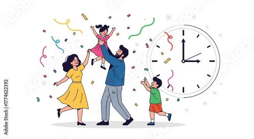 Cheerful family celebration with falling confetti, happy parents and children embracing joy. New year or special occasion vector illustration