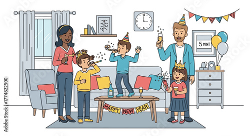 New Year's Celebration Family enjoying a festive gathering with champagne, party hats, and decorations