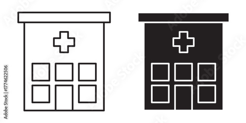 Medical Clinic Pictogram. Hospital Line and Silhouette Black Icon Set. Ambulance Center Sign, Emergency Service Office. Healthcare Building Symbol Collection. Isolated Vector Illustration.