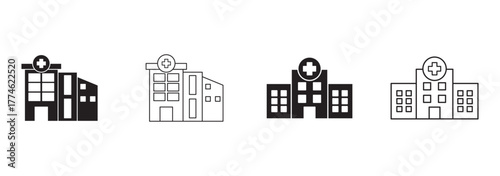 Medical Clinic Pictogram. Hospital Line and Silhouette Black Icon Set. Ambulance Center Sign, Emergency Service Office. Healthcare Building Symbol Collection. Isolated Vector Illustration.