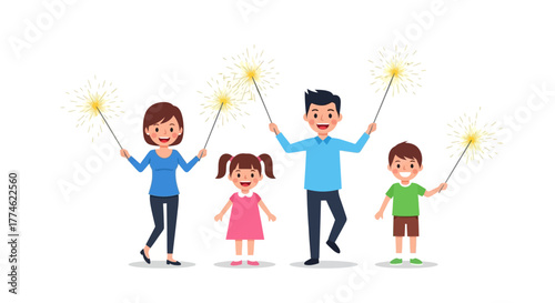 Happy family enjoying a festive celebration together, holding sparkling sparklers with beaming smiles on a white background, embodying joy and togetherness