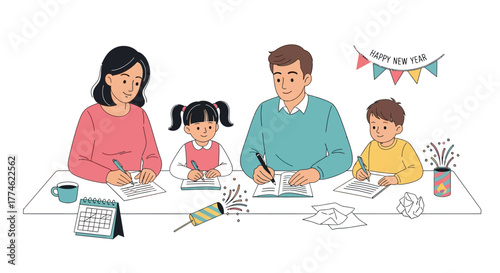 Joyful family activity parents and children eagerly writing down New Year aspirations, fostering growth and togetherness for a fresh start