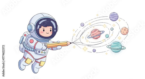 A cartoon astronaut in a spacesuit spraying colorful planets and stars from a hose against a white background with a playful and adventurous mood.