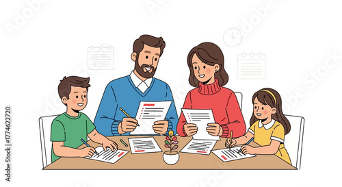 Happy young family with children sitting together at a desk signing important documents, a concept of joint agreement and planning
