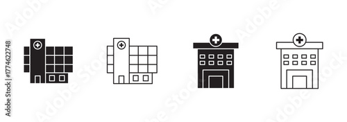 Collection of simple outline icons representing various hospital and medical building types