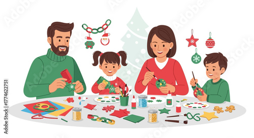 Family enjoying Christmas crafting together, creating festive decorations with paper and art supplies