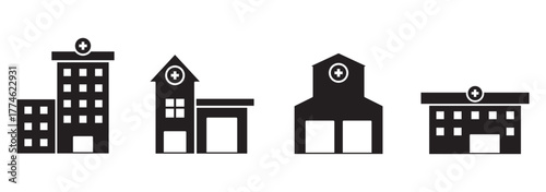 Hospital building icon set. Hospital and healthcare icon collection. Icon symbol of hospital buildings, medical house, medic, clinic, digital healthcare. Vector illustration