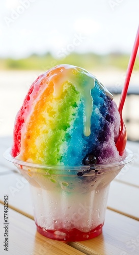 Vibrant Rainbow Shaved Ice Dessert with Syrup Drizzle on a Sunny Day.