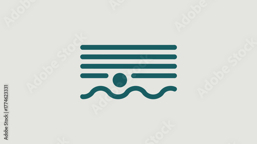 A graphic of waves under bars with a circle in the middle in teal on a light background image art