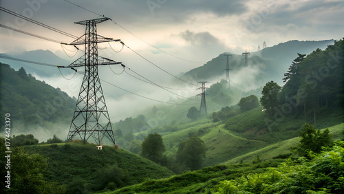 Power lines stand tall on green hillsides of Yichang, China, disappearing into the misty clouds, a landscape of energy infrastructure.