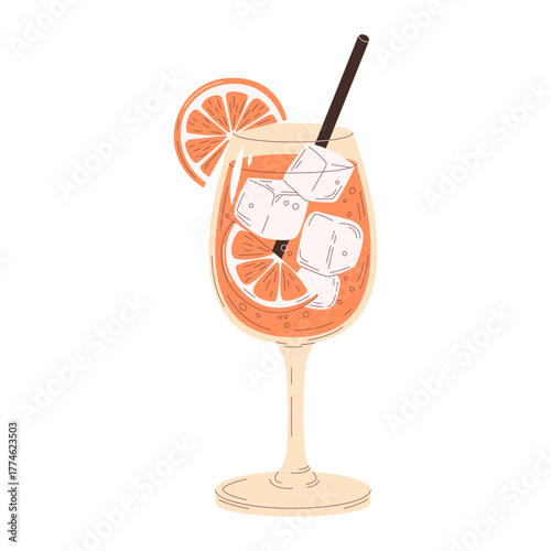 Bright Aperol Spritz vector illustration. Classic Italian aperitif cocktail in goblet or wine glass with orange slices, ice cubes, straw in a stylish modern flat design on a white background.