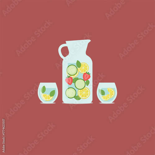 Illustration of a light blue glass pitcher of water infused with lemon, cucumber, and strawberries, and two matching glasses on a red background.