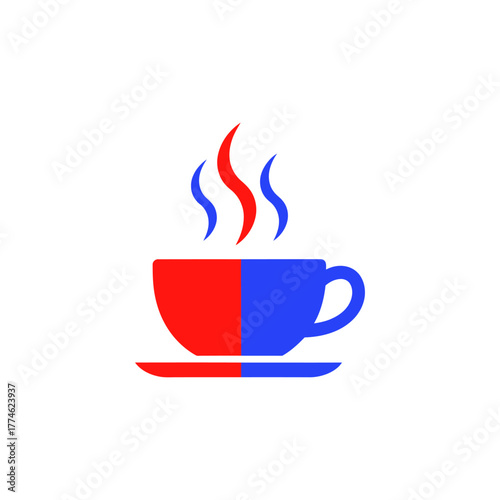 Steaming cup of coffee sits on saucer, split red and blue, emitting fragrant aroma against a clean white backdrop, creating a modern and minimalist vibe.