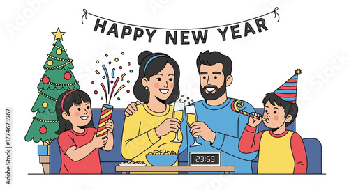 Delighted family gathers for a festive New Year's Eve celebration, toasting to new beginnings with sparkling drinks and cheerful spirit