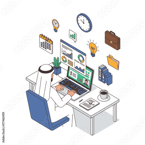 Arab businessman analyzing data on laptop.