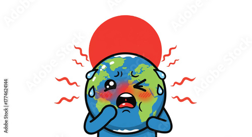Cartoon illustration of a distressed Earth character with a red sun behind, conveying a worried expression with red heat lines emanating from it on a white background.