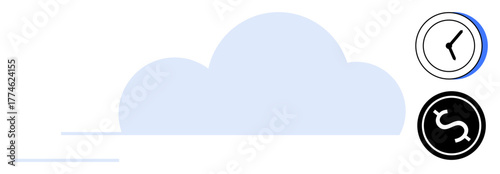 Minimalist cloud with a clock and dollar sign emphasizing time-saving and cost-effective concepts. Ideal for technology, productivity, finance, budget planning, innovation, efficiency, simple flat