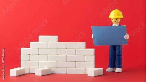 Build the Vision – Front View Conceptual Symbolism, Construction Worker Figurine with Blueprint Beside Unfinished Wall, Planning and Progress Metaphor, Red Background